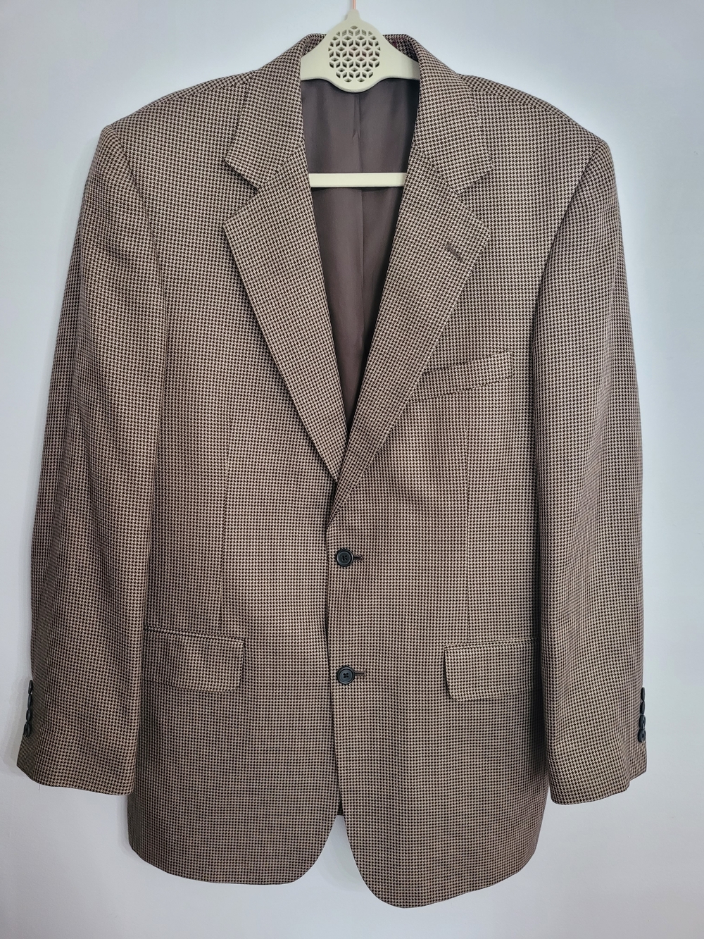 Nordstrom Brown Houndstooth Tweed Wool Silk 2-Button Blazer Suit 40L
